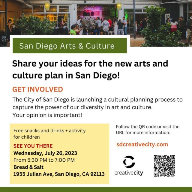 You're invited to participate in the upcoming City of San Diego Cultural Plan Conversation at Bread and Salt on Wednesday, July 26th! 
See you there! 👋 
----------------------------------------
¡Estás invitad@ a participar en la Conversación del Plan Cultural de la Ciudad de San Diego en Bread and Salt e próximo miércoles 26 de julio! 
Ahi nos vemos 👋 
@sdartsculture
#EHC #SDCounty #SanDiegoCA #BreadandSalt #CityofSanDiego #EJ #EnvironmentalJustice