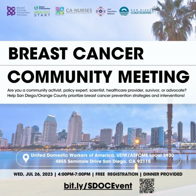 🎗️Did you know that studies consistently show that vehicle emissions (pollution) are linked to an increased risk of developing breast cancer?
Join us at the breast cancer community meeting on Wednesday 7/26 from 4-7pm to learn more about prevention and intervention. DINNER will be provided for guests. 
To register please visit: bit.ly/SDOCEvent
----------------------------------------------------
🎗️¿Sabía que los estudios muestran consistentemente que las emisiones de los vehículos (contaminación) están relacionadas con un mayor riesgo de desarrollar cáncer de mama?
Acompáñanos en la reunión comunitaria de cáncer de mama el miércoles 26 de julio de 4 a 7 p. m. para obtener más información sobre la prevención y la intervención. Se proporcionará CENA para los invitados.
Para registrarse, visite: bit.ly/SDOCEvent
@bcppartners
@globalcommunities.healthystart
@sd_coastkeeper
@jtalliance
@ca_nursesforehj
#EHC #ClimateJustice #EnvironmentalJustice #BreastCancer #BreastCancerAwareness #CancerdeMama #EJ #EnvironmentalJustice #ClimateJustice #CommunityMeeting