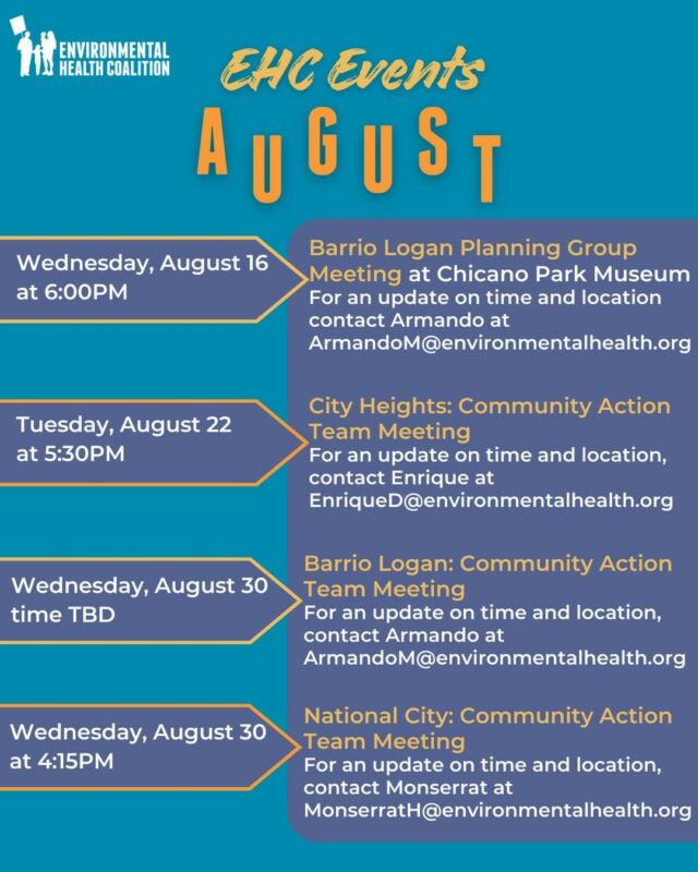 🌍🤝 Let’s unite for a more climate change resilient FUTURE! Be a part of the solution by joining our events this month. 
Please feel free to reach out with any questions!
---------------------------------------------------------
🌍🤝 ¡Unámonos por un FUTURO más resistente al cambio climático! Séa parte de la solución uniéndose a nuestros eventos este mes.
Por favor, siéntase libre de comunicarse con cualquier duda.
#EHC #EnvironmentalJustice #ClimateJustice #EJ #BarrioLogan #LoganHeights #CityHeights #NationalCity #SanDiegoEvents #ClimateResilient #ClimateCrisis #ClimateActivist #ClimateAdvocacy #AugustEvents #SanDiegoCA