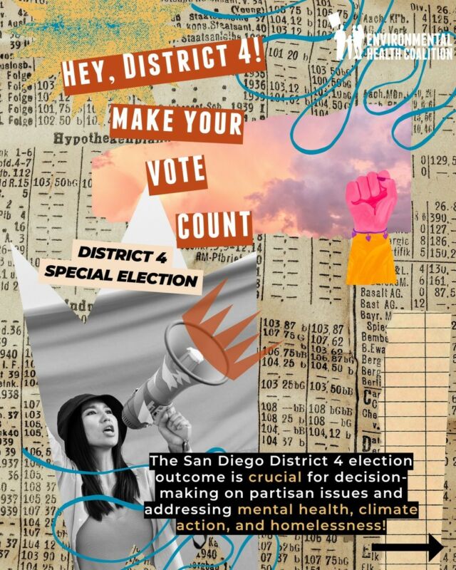 🗳️ San Diego County’s District 4 voters now have an opportunity to elect a new supervisor!
The elected leader will represent us in the County government and will play a key🔑  role in deciding policies related to climate, transportation, housing, homelessness, public health, and other crucial matters. 
***Remember, this election is exclusive to District 4, so your vote carries substantial weight in the decision-making process!
Visit SDVOTE.COM to find a vote center or a ballot drop box near you
----------------------------------------------
🗳️ ¡Los votantes del Distrito 4 del condado de San Diego ahora tienen la oportunidad de elegir un nuevo supervisor!
El líder electo nos representará en el gobierno del condado y desempeñará un papel clave🔑  en la decisión de políticas relacionadas con el clima, el transporte, la falta de vivienda, la salud pública y otros asuntos cruciales.
***Recuerde, esta elección es exclusiva del Distrito 4, ¡así que su voto tiene un peso sustancial en el proceso de toma de decisiones!
Visite SDVOTE.COM para encontrar un centro de votación o un buzón de entrega de boletas cerca de usted
#EHC #EJ #EnvironmentalJustice #ClimateJustice #SanDiegoCounty #District4 #SanDiegoDistrict4 #Homelessness #ClimateAction #MentalHealth #TransitJustice #PublicHealth #SanDiegoSupervisor #AffordableHousing #ClimateActivist #VoterEmpowerment #SDVote
